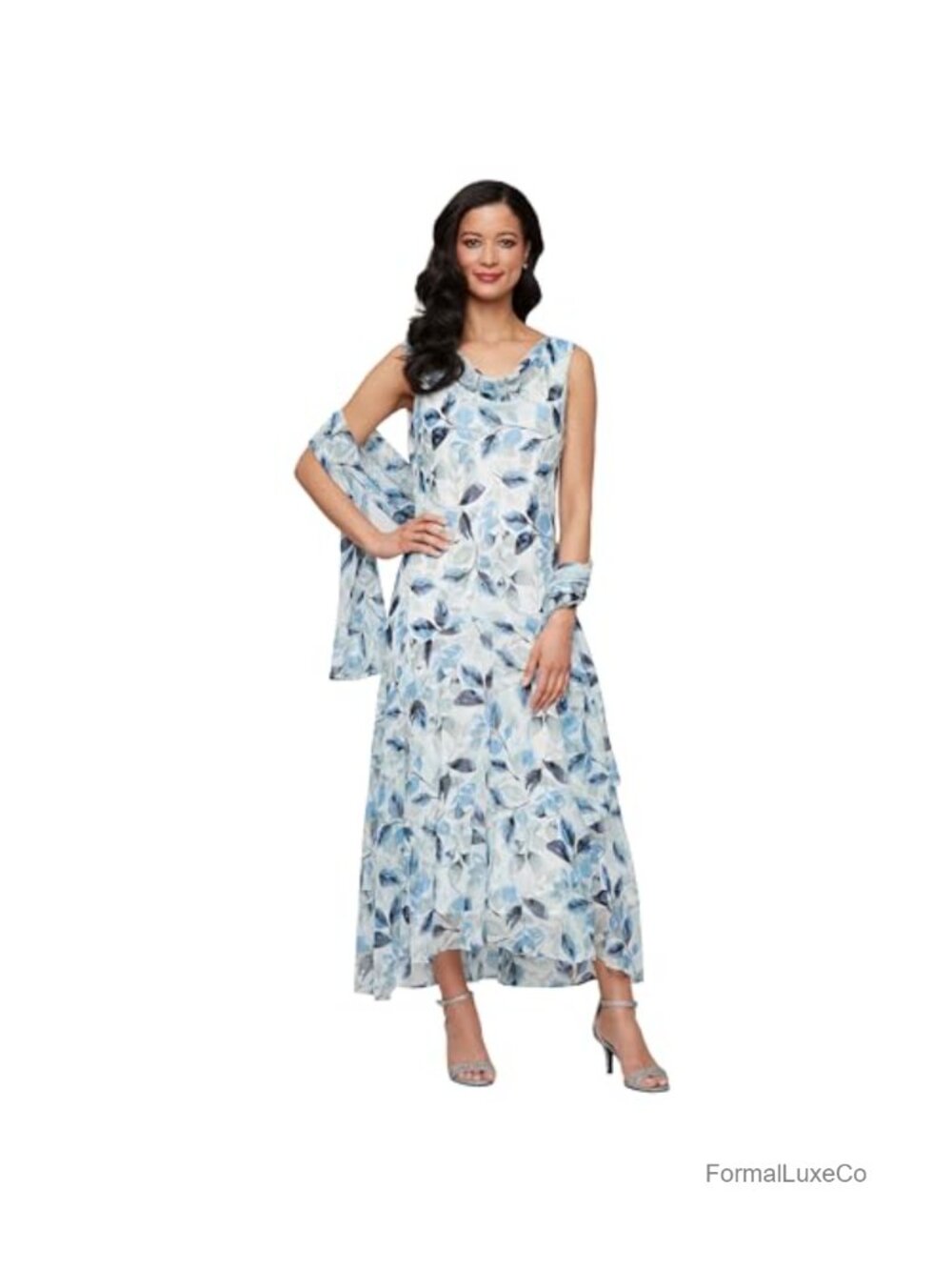 Chiffon Formal A-Line Gown with Shawl Sleeveless Cowl Neck Wedding Guest Dress